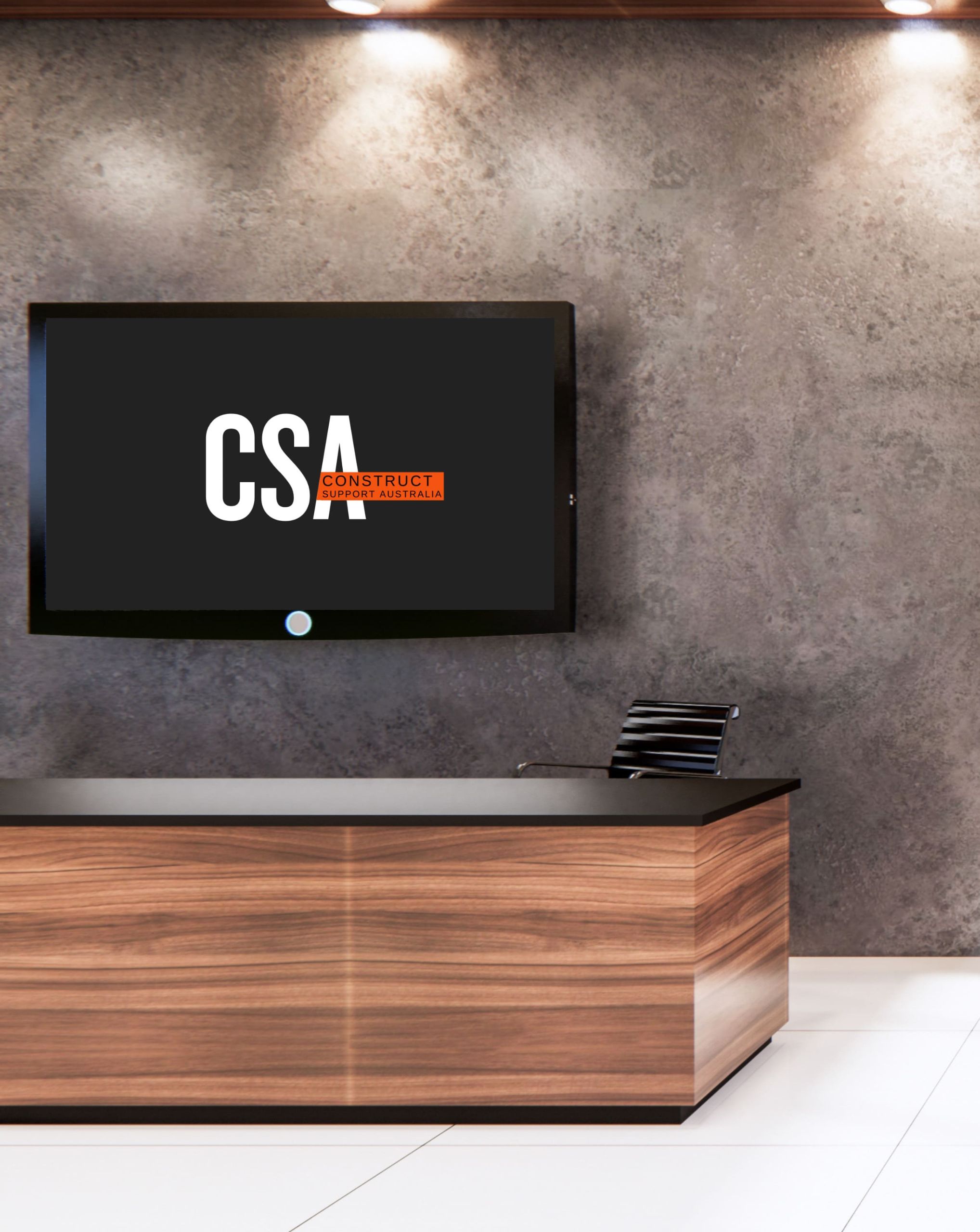 Modern office reception desk with CSA logo on screen