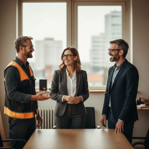 Construction and legal professionals meeting in an office